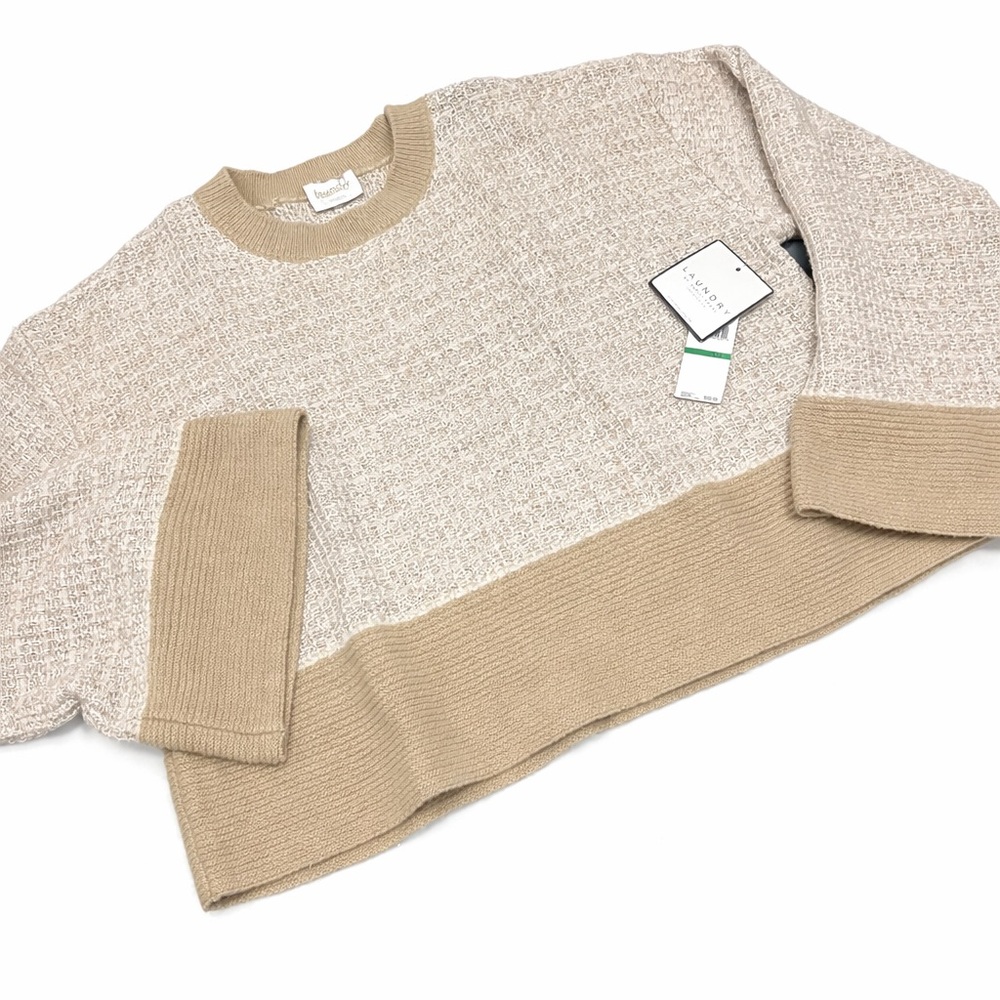 Laundry By Shelli Segal Beige Cream Knit Cropped Sweater NWT L Bell Sleeves